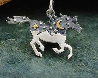 Sterling Silver Horse Charm. Mountain Horse Charm. Mountain Charm. Sterling Silver Galloping Horse with Bronze Moon and Star.