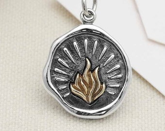 Flame Charm Sterling Silver Wax Seal Charm with Bronze Fire Round Fire Element Charm Divine Spark Mini Pendant Mixed Metal 15mm