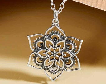 Mandala  Necklace 925 Sterling Silver Lotus Mandala Charm Pendant