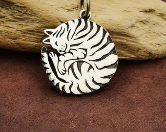 Sterling Silver Tabby Cat Charm. Tabby Charm.  925 Sterling Silver Striped Cat Pendant. Curled up Kitten Charm. Sleeping Tabby Necklace