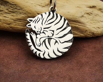 Sterling Silver Tabby Cat Charm. Tabby Charm.  925 Sterling Silver Striped Cat Pendant. Curled up Kitten Charm. Sleeping Tabby Necklace