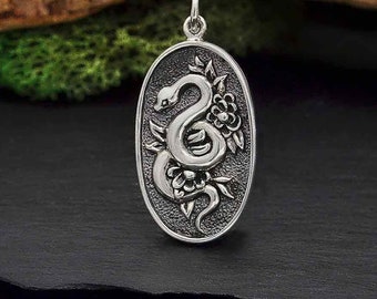 Sterling Silver Snake Pendant .925 Sterling Silver Floral Oval Snake Necklace. Oval Snake Charm. Flower and Snake Necklace.
