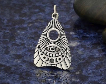 Sterling Silver Ouija Charm. .925 Sterling Silver Ouija Planchette Pendant.  Moon Phases Ouija Necklace.