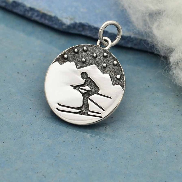 Ski Charm 925 Sterling Silver Skiing Charm.  Skier or Snowboarder Mini Pendant Skiing Charm .925 Sterling Silver. Skier Necklace. 15mm Charm