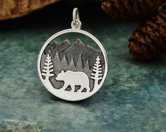 Sterling Silver Mountain Bear Charm. 925 Solid Sterling Silver Mountain Charm. Bear and Mountain Necklace.
