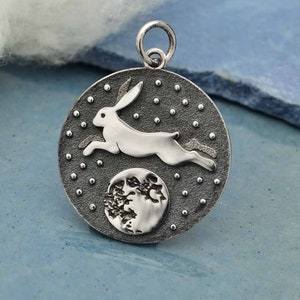 Sterling Silver Rabbit Charm Rabbit Over the Moon Pendant Jade Rabbit Charm Bunny Gift 925 Solid Sterling Silver Rabbit Necklace 20mm Charm