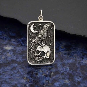 Raven on Skull Pendant .925 Sterling Silver Raven Pendant. Sterling Silver Moon and Raven Necklace Skull Necklace. Death Tarot Card