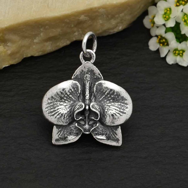 Orchid Charm 925 Sterling Silver. Orchid Pendant Solid Sterling Silver Charms. Orchid Necklace.