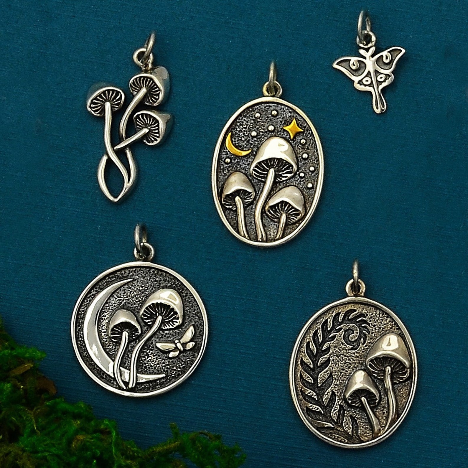 Mushroom Charm. Sterling Silver Mushroom and Moon Pendant. Etsy