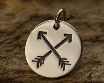 Sterling Silver Crossed Arrow Charm. 925 Solid Sterling Silver Round Arrow Pendant. Friendship Charm Necklace