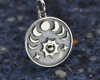 Sterling Silver Moon Phases and Sun Charm. 925 Sun and Moon Phase Charm. Sun and Moon Necklace.