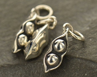 Sterling Silver Two Peas in a Pod Charm. 925 Solid Sterling Silver Peas Charm. TINY Peas in a Pod Necklace 18mm x 5mm