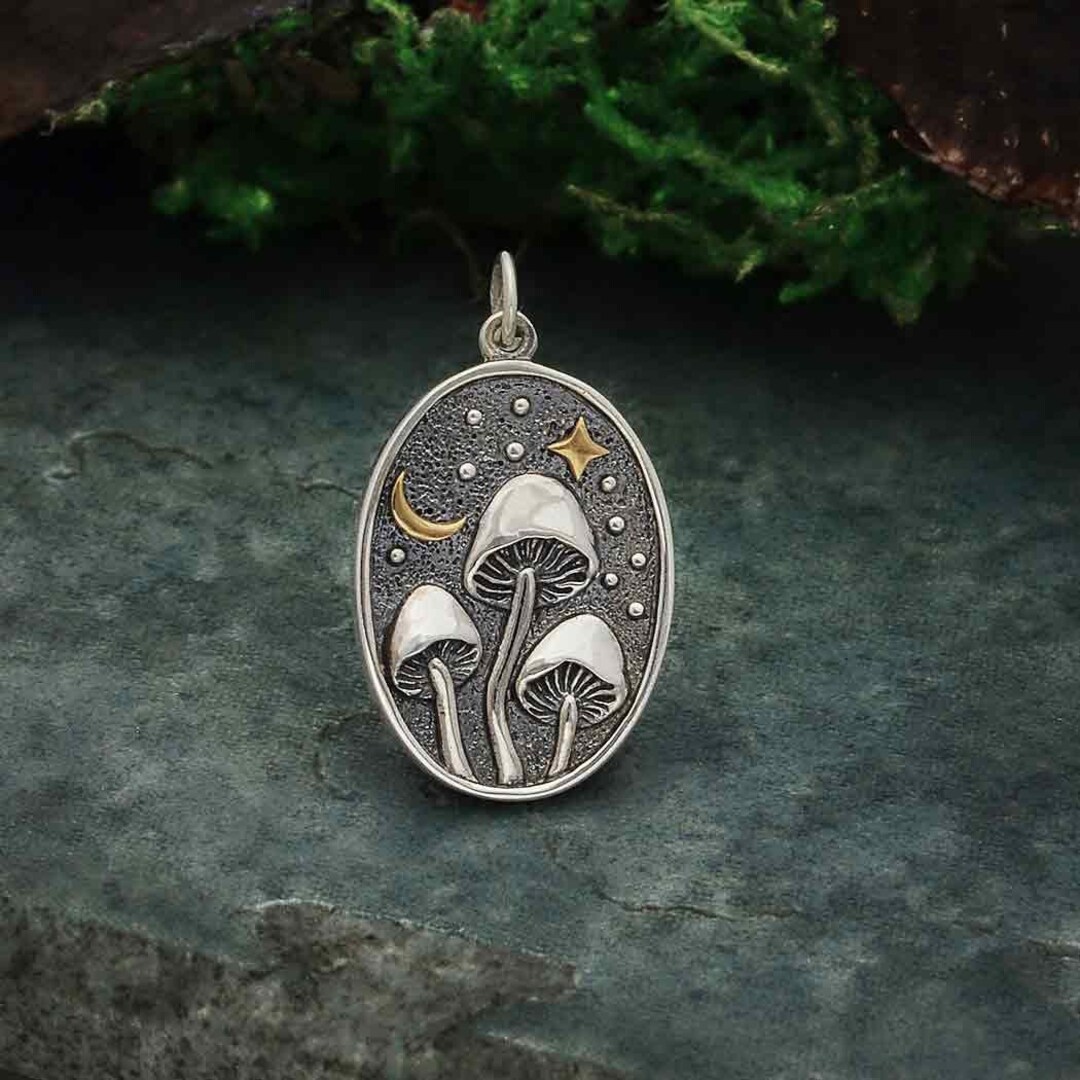 Mushroom Charm. Sterling Silver Mushroom and Moon Pendant. Sterling