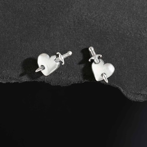 Sword in Heart Stud Earrings 925 Sterling Silver Heart Studs