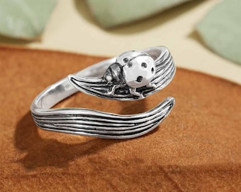 Ladybug on Leaf Ring 925 Sterling Silver Ladybug Leaf Ring. Nature Lover Gift