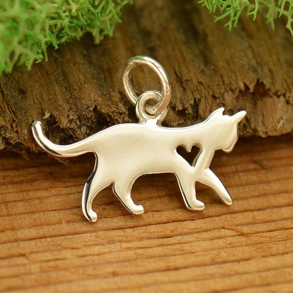 Sterling Silver Cat Charm. Kitten Charm with Heart Cut Out. 925 Sterling Silver Cat Pendant. Cat Love Necklace.