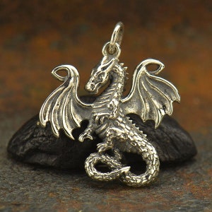 Sterling Silver Dragon Charm Necklace. 925 Sterling Silver Dragon Pendant. Large Sterling Silver Dragon Necklace.