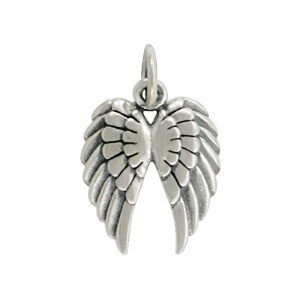 May include: A silver-colored angel wing pendant. The pendant features detailed feather textures and a small loop at the top for attaching to a chain. The wings are spread open, showcasing the intricate design.