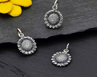 Sunflower Charm Sterling Silver. 925 Solid Sterling Silver Sunflower Charm Necklace. Sunflower Pendant 11mm or 15mm