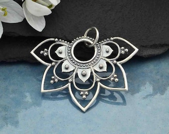 Flower Mandala 925 Sterling Silver Half Lotus Flower Mandala Charm Pendant