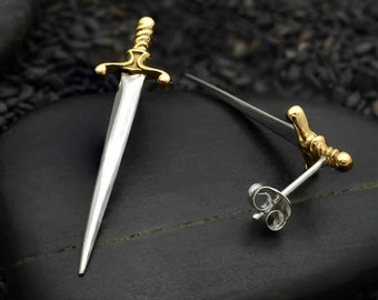 Sword Earrings Mixed Metal Sword Studs or Pendant. Sterling Silver and Bronze Sword Necklace. 41mm x 10mm