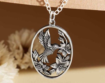 Hummingbird Pendant 925 Sterling Silver Oval Floral Hummingbird Charm Necklace Gifts for Her