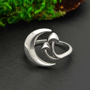 Mushroom Ring Moon and Mushrooms .925 Sterling Silver Mushroom Pendant. Sterling Silver Magic Mushroom Ring Adjustable Size 7 +