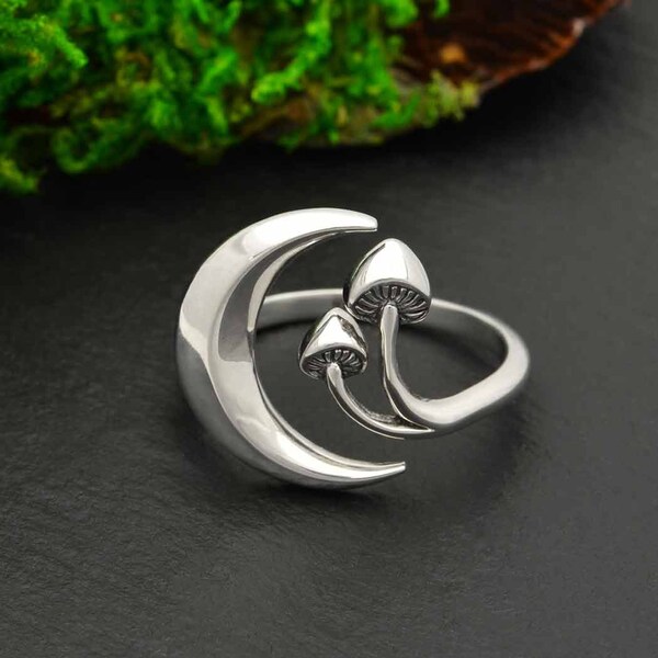 Mushroom Ring Moon and Mushrooms .925 Sterling Silver Mushroom Pendant. Sterling Silver Magic Mushroom Ring Adjustable Size 7 +