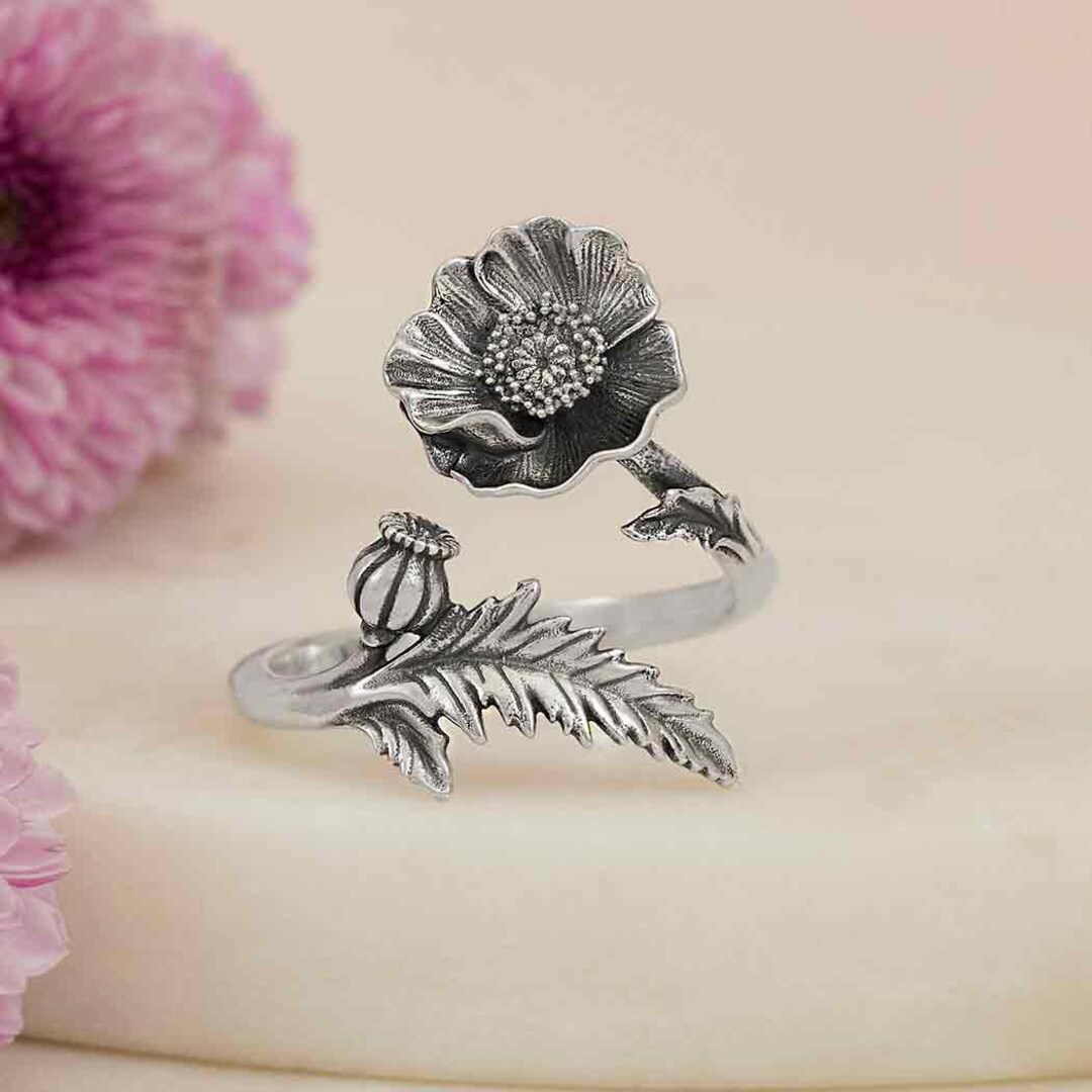 Poppy Ring Sterling Silver 925 Poppy Jewelry Adjustable Ring Poppy Pod ...