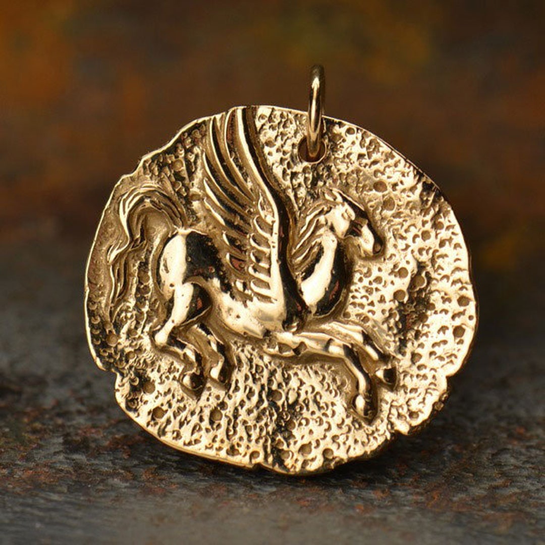 Gold Pegasus Charm. Solid Bronze Pegasus Coin Pendant. Griffin Necklace