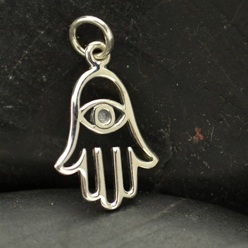 925 Solid Sterling Silver Hamsa Eviel Eye Charm Necklace. Sterling Silver Hamsa Hand Charm With Evil Eye