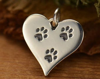 Sterling Silver Heart Paw Print Charm. Three Paw Print Charm. Paw Print Pendant. .925 Sterling Silver Paw Prints on Heart Charm Necklace