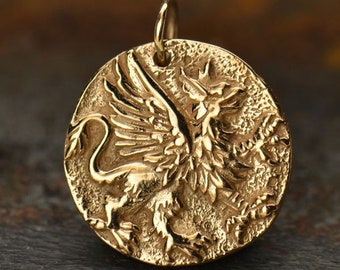 Griffin Charm. Solid Bronze or 925 Sterling Silver Griffin Pendant. Griffin Necklace. Gold Griffin Coin Charm
