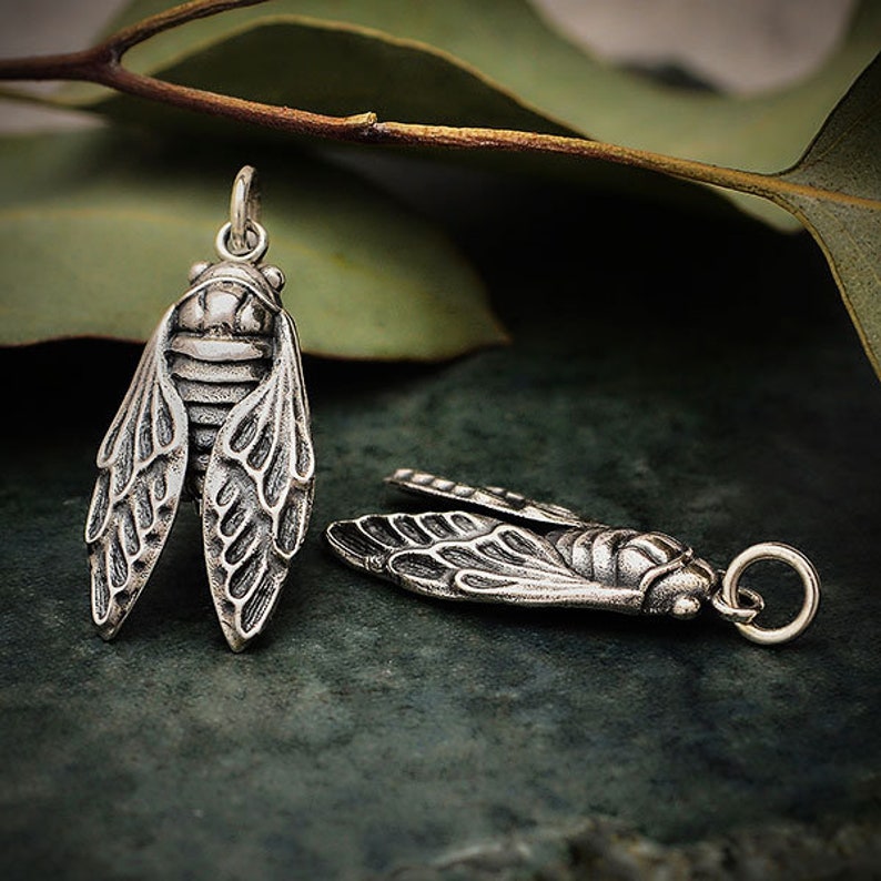 Sterling Silver Cicada Charm. 925 Solid Sterling Silver Cicada Pendant. Cicada Jewelry. image 1