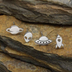 Space Stud Earrings 925 Sterling Silver Alien Studs Rocket Spaceship Post Ear Studs