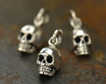 May include: Three silver skull charms with a loop for attaching to a necklace or bracelet.