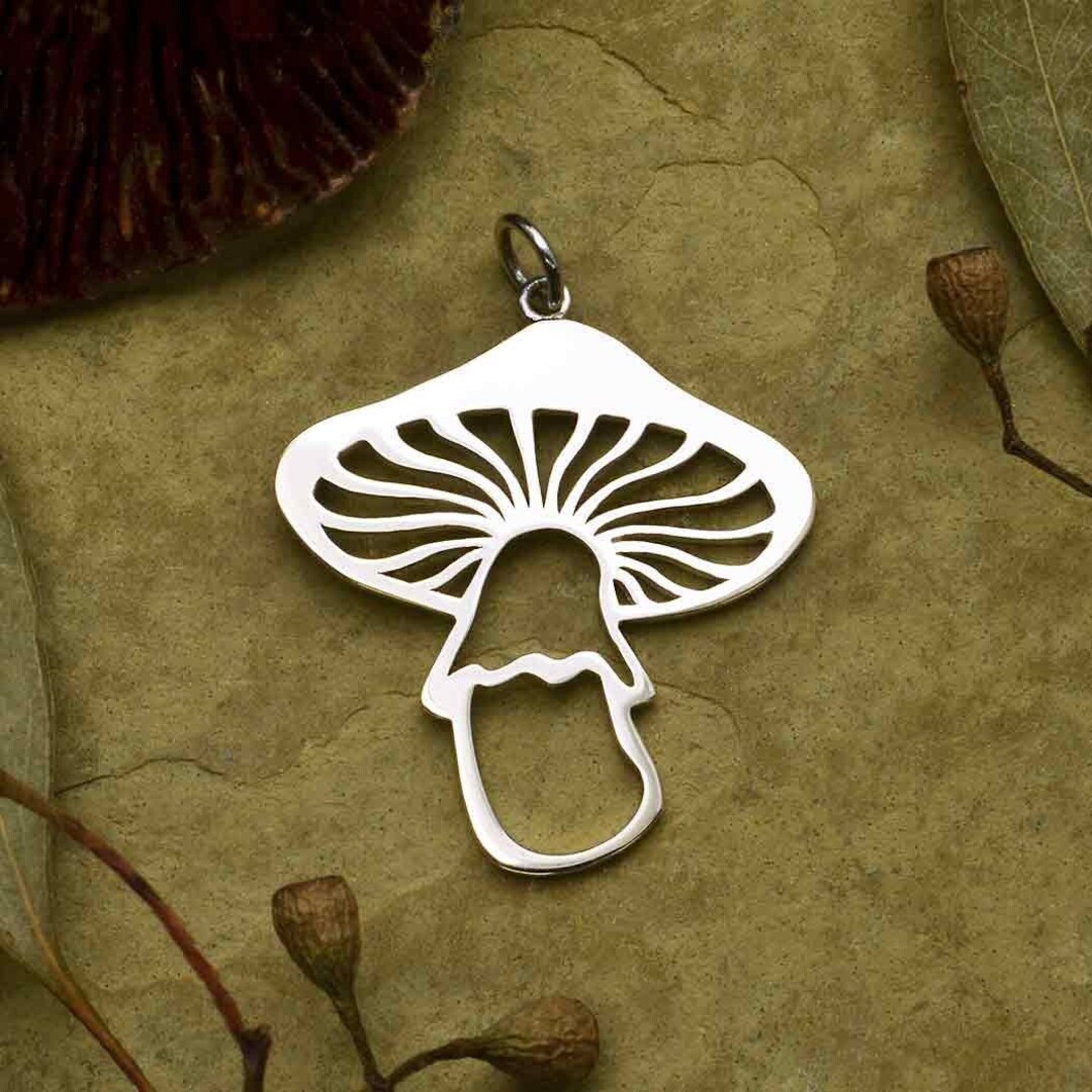 Large Mushroom Pendant Necklace .925 Sterling Silver Mushroom Pendant