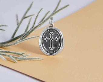 Wax Seal Cross Charm 925 Sterling Silver Mini Wax Seal Cross Necklace. Solid Sterling Silver Mini Cross Oval Charm