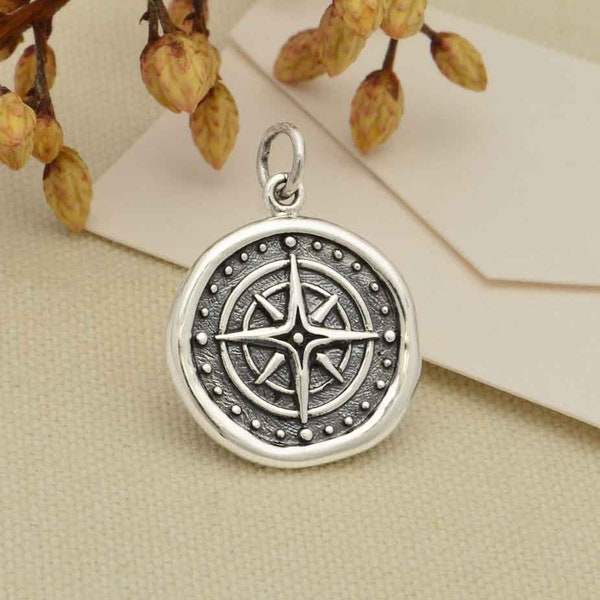 Sterling Silver Tiny Compass Charm .925 Sterling Silver Wax Seal Compass Charm. Compass Rose Charm 16mm