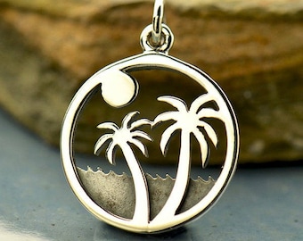 Sterling Silver Beach Charm. Palm Tree Charm. 925 Solid Sterling Silver Beach Pendant. Palm Tree Sunset Necklace