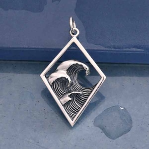 Waves Pendant Three Waves in Diamond Frame Charm Necklace 925 Sterling Silver Ocean Jewelry Ocean Waves Necklace