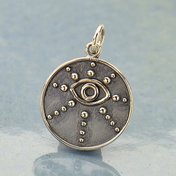 Sterling Silver Evil Eye Charm. .925 Sterling Silver Evil Eye Pendant with Dots Design. Round Evil Eye Necklace 15mm Pendant