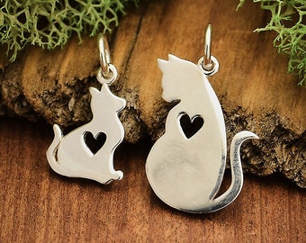 Sterling Silver Cat Charms. Kitten Charm with Heart Cut Out. 925 Sterling Silver Mom and Daughter Cat Charm Set.