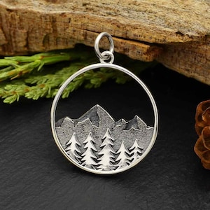 Mountain and Pine Tree Pendant .925 Sterling Silver Round Mountain Charm. Mountain Jewelry Pine Tree Necklace