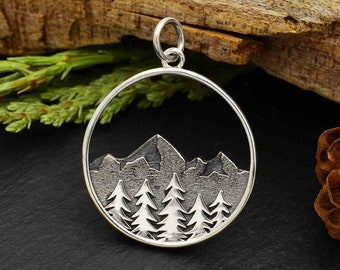 Mountain and Pine Tree Pendant .925 Sterling Silver Round Mountain Charm. Mountain Jewelry Pine Tree Necklace