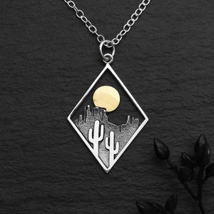 Sterling Silver Cactus Charm with Bronze Sun , Cactus Pendant. Mixed Metal Cactus Necklace. Saguaro Cactus Necklace