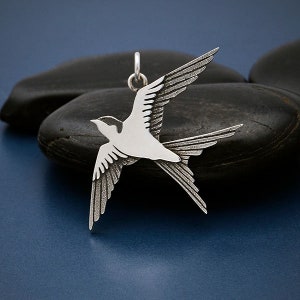 Sterling Silver Swallow Charm. 925 Sterling Silver Swallow Pendant. Swallow Jewelry Gift. Large Swallow Necklace