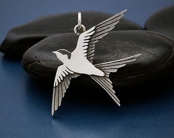 Sterling Silver Swallow Charm. 925 Sterling Silver Swallow Pendant. Swallow Jewelry Gift. Large Swallow Necklace