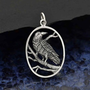 Raven Pendant 925 Sterling Silver Raven Necklace Sterling Silver Large Raven in Tree Oval Charm