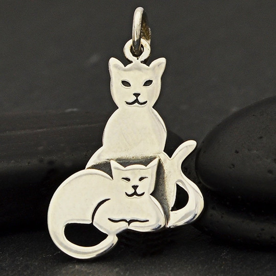 Sterling Silver Cat Charm .925 Sterling Silver Two Cats Charm. Mom and
